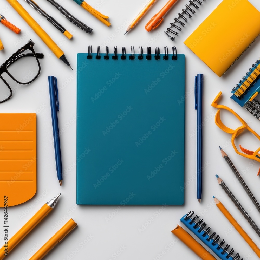 Poster a blue notebook sits on a table with a variety of writing utensils