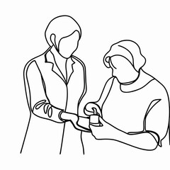 Nurse assisting elderly woman in line art illustration