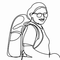  Smiling woman with backpack in minimalist line art style