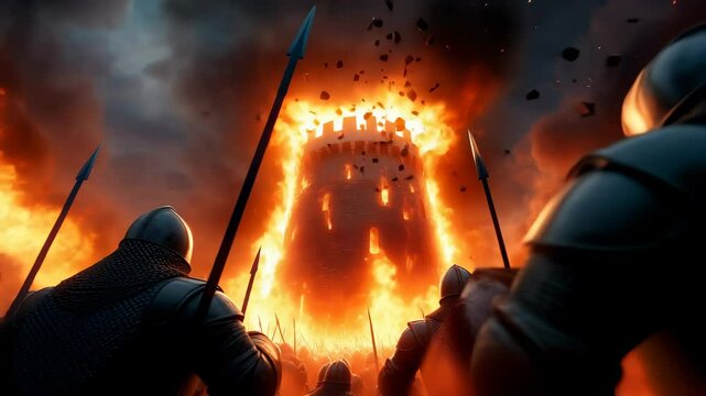 Armored soldiers with spears attack stone tower engulfed in massive flames. Intense battle scene with warriors and burning fortress. Dramatic medieval warfare moment 