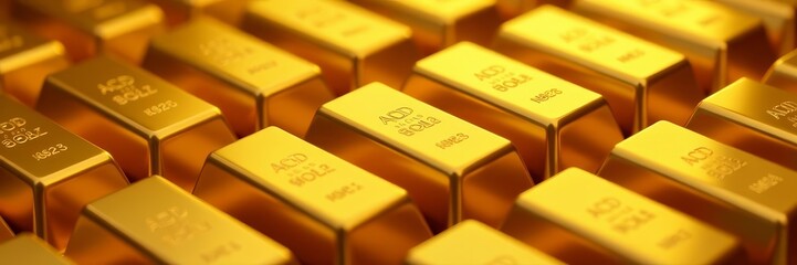 Macro shot of gold bars arranged neatly, representing financial stability and success, bars, macro, gold