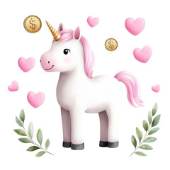 Fototapeta premium Cute unicorn with pink mane surrounded by hearts and coins. isolated against a transparent background.