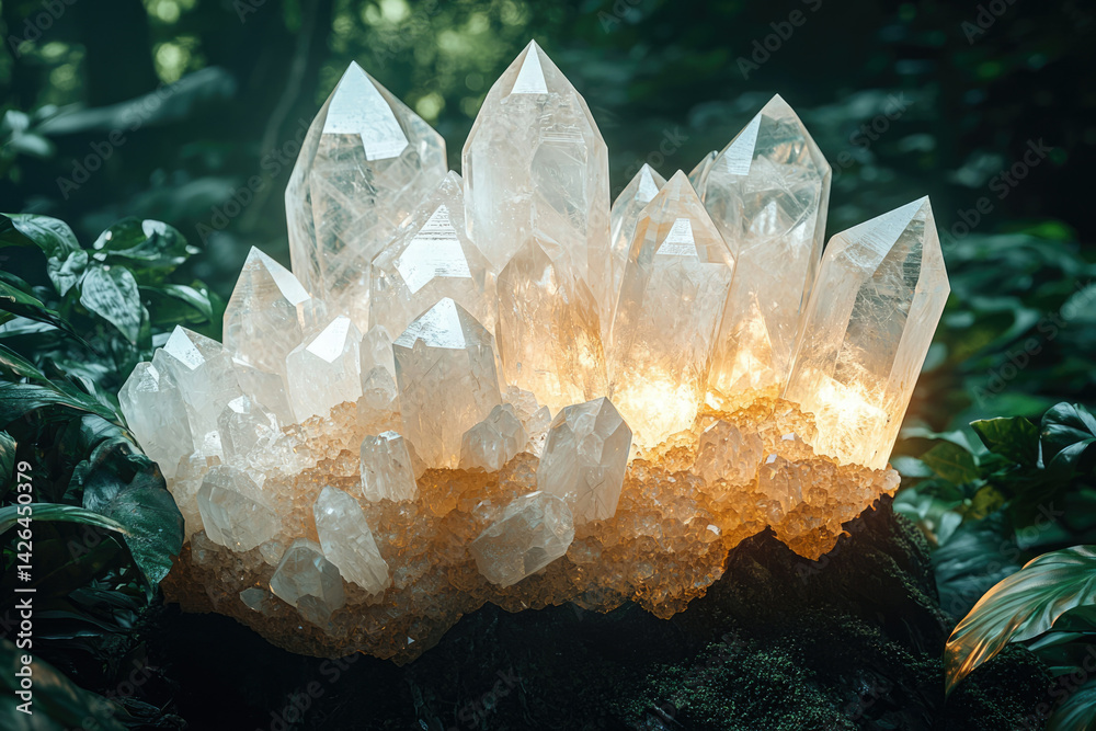 Poster illuminated cluster of quartz crystals glowing in a lush, dark green forest setting.