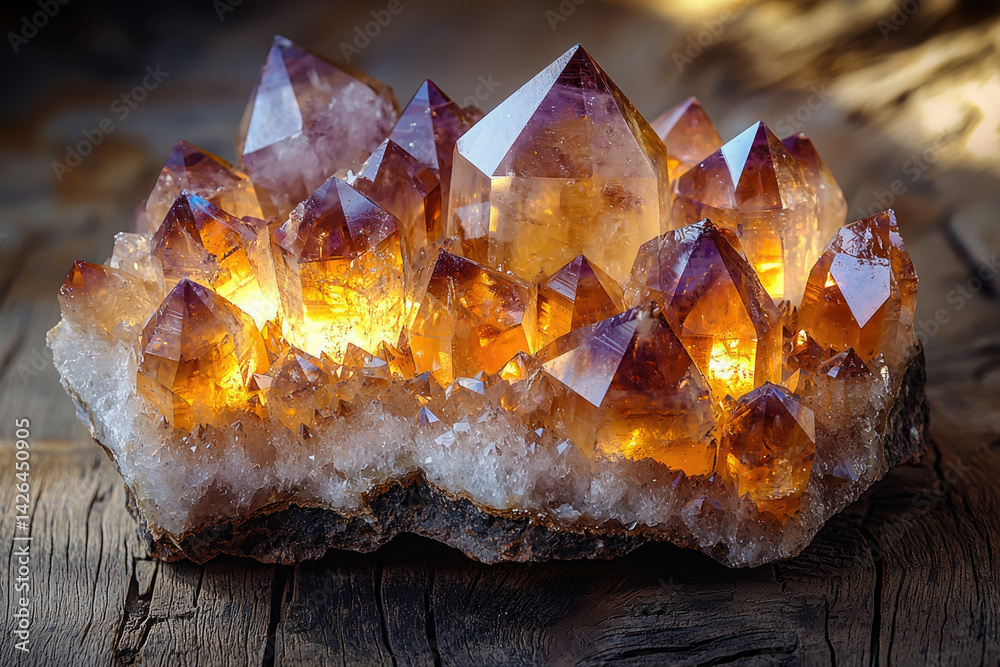 Poster luminous cluster of citrine and amethyst crystals, glowing warmly on rustic wood.