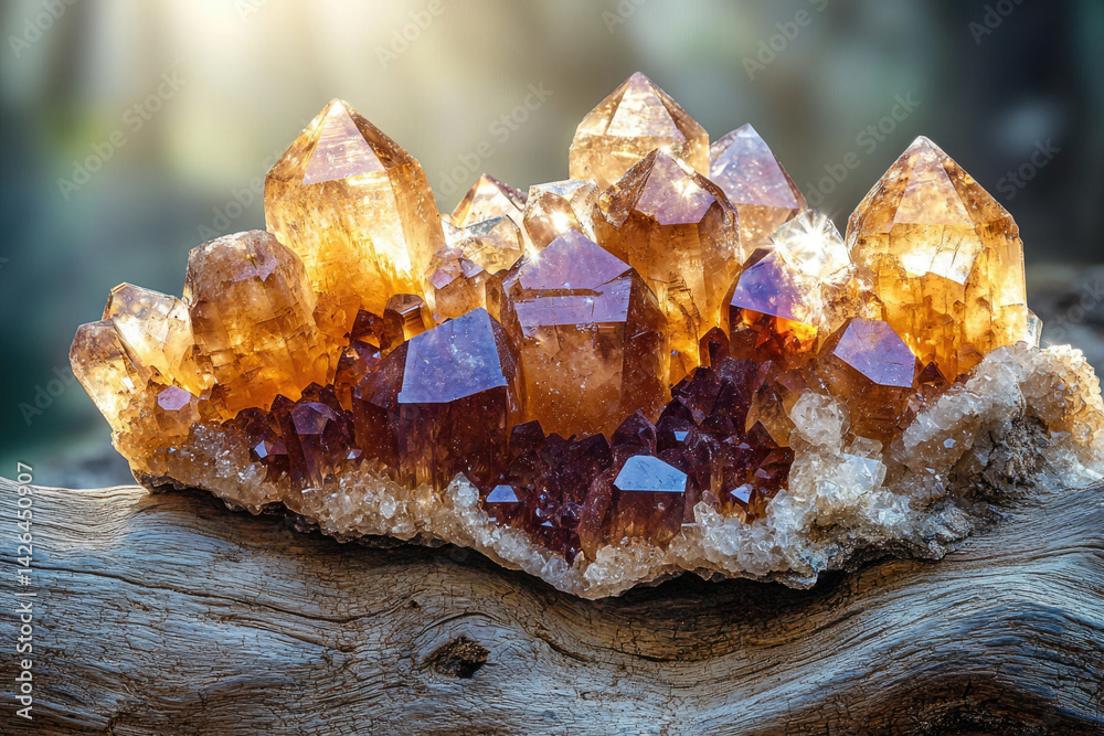 Poster A stunning cluster of smoky quartz crystals, displaying a captivating array of warm amber and deep brown hues, beautifully illuminated.