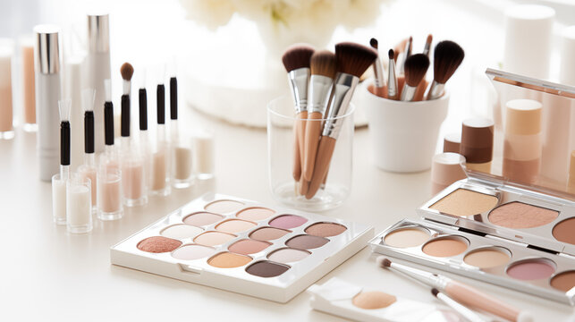 Maquillage. Make up sur une table. Palette de fard &agrave; paupi&egrave;res, fond de teint, miroir, pinceaux, blush et poudre. Ambiance f&eacute;minine, luxe. Lumi&egrave;re rose et dor&eacute;e. Beaut&eacute;, cosm&eacute;tique.