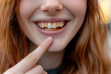 Fototapeta premium A young woman is missing a tooth on her lower jaw and is awaiting an implant following extraction