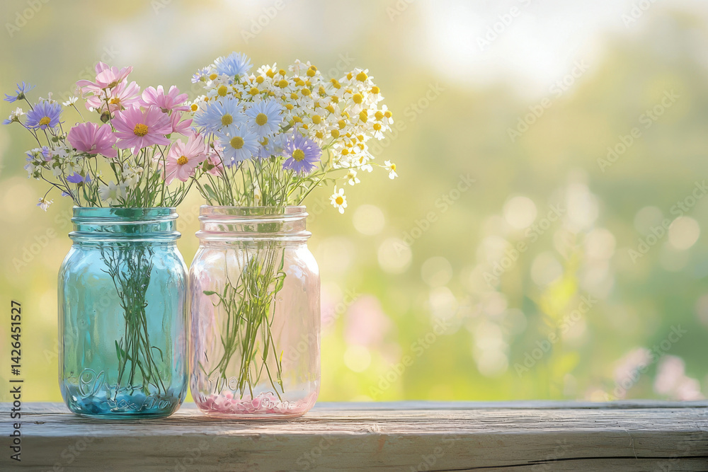 Poster two mason jars filled with colorful wildflowers sit on a rustic wooden surface against a blurred bac