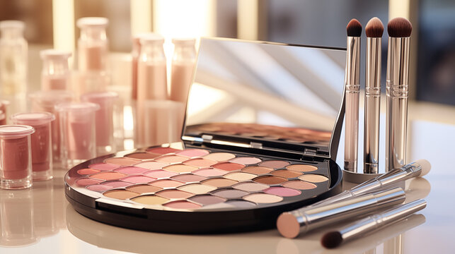 Maquillage. Make up sur une table. Palette de fard &agrave; paupi&egrave;res, fond de teint, miroir, pinceaux, blush et poudre. Ambiance f&eacute;minine, luxe. Lumi&egrave;re rose et dor&eacute;e. Beaut&eacute;, cosm&eacute;tique.