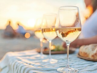 Beach picnic sunset wine