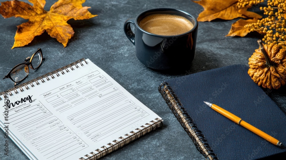 Aufkleber A notebook with a list of things to do and a cup of coffee on a table