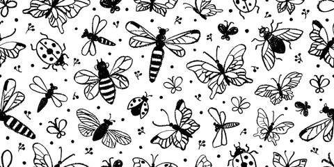 Seamless pattern with butterfly, bee, dragonfly. Black insect silhouette on white. Vector vintage abstract background design. Monarch butterfly, bug, bee bg. Floral drawing. Seamless insect pattern © Olga Che
