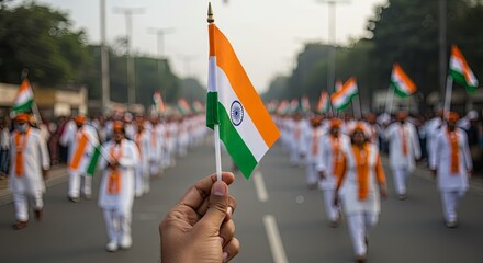 Celebrating India's Independence: Patriotic Procession with Waving Flags and National Pride