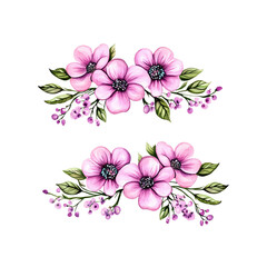 Fototapeta premium Two Watercolor Pink Flower Arrangements Isolated on Transparent Background