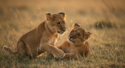 Fototapeta premium Lion Cubs Playing in Grass Field