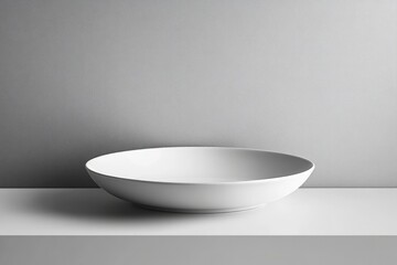Empty white shallow bowl on a shelf