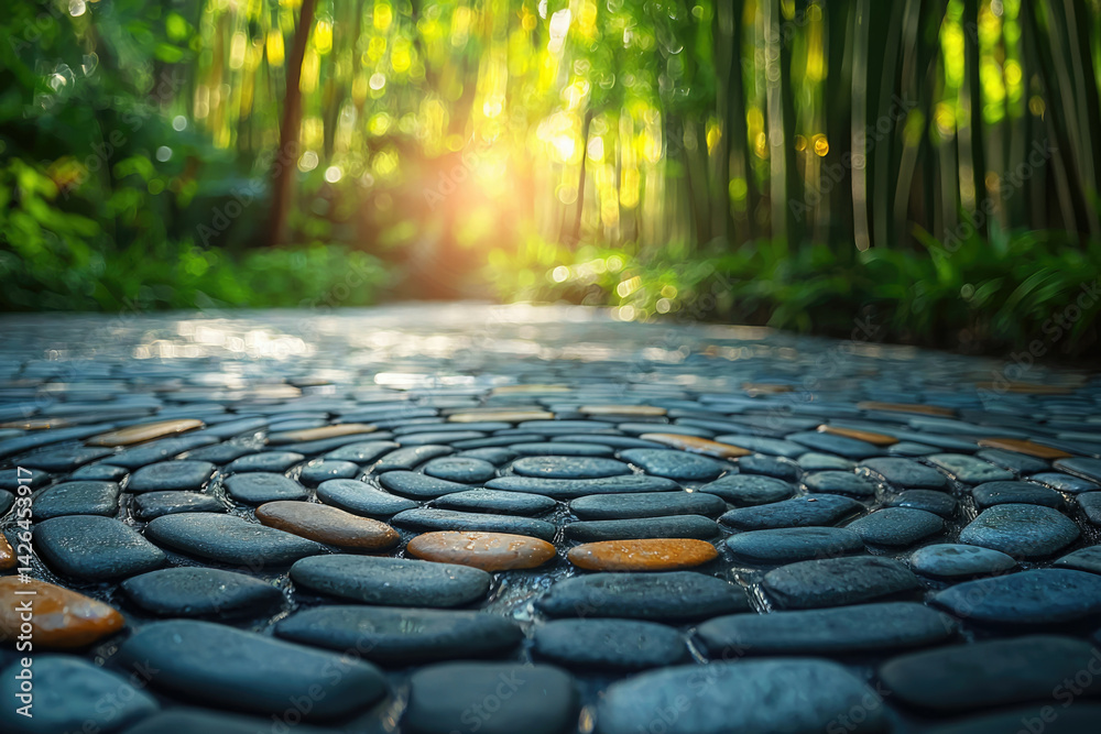 Poster a serene cobblestone path winds through a sun-dappled bamboo forest, creating a peaceful and tranqui