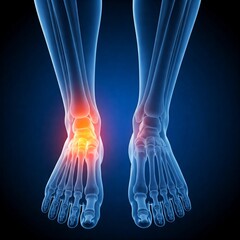 A digital illustration of human ankles and feet, with the bones in glowing blue and the left ankle highlighted in orange and red, possibly indicating pain or inflammation.