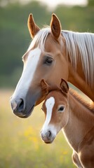 Obraz premium Close-Up of Horse and Foal with Soft Lighting in Natural Setting