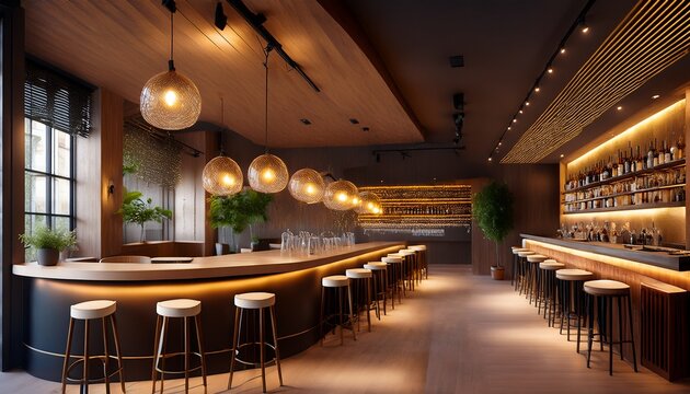 interior of a cozy modern restaurant with a stylish bar counter and warm lamp lighting