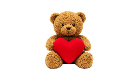 A fluffy teddy bear holding a red heart shaped pillow against a black color isolated background view