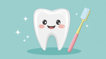 Happy cartoon tooth with toothbrush.