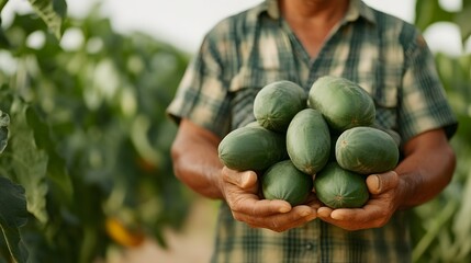 Hardworking Farmer Harvesting Ripe Papayas from Tropical Plantation