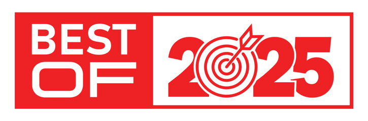 Bold 'BEST OF 2025' red banner with white sans-serif text. Central target graphic in '20' with arrow. Contrasting red/white, flat 2D. Modern, celebratory, clean horizontal design.