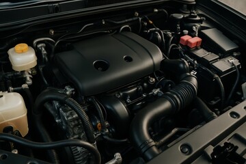 Fototapeta premium Close-Up View of a Car Engine with Detailed Mechanical Components