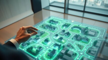 Futuristic city planning with interactive digital map and hand gesture