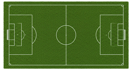 An aerial view of a soccer field with white lines and goals on a green grass background in a stadium