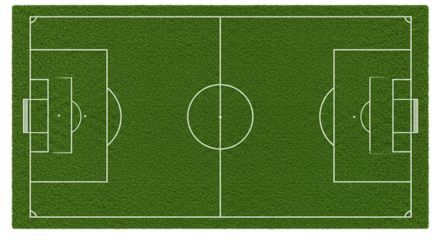 An aerial view of a soccer field with white lines and goals on a green grass background in a stadium
