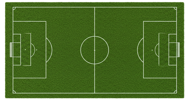 An aerial view of a soccer field with white lines and goals on a green grass background in a stadium