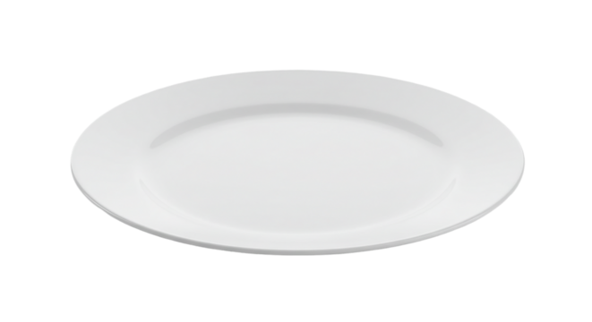 A simple white ceramic plate centered on a black background with subtle shadow underneath the plate