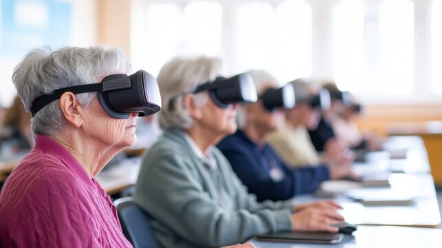 Elderly people using VR headsets - Powered by Adobe