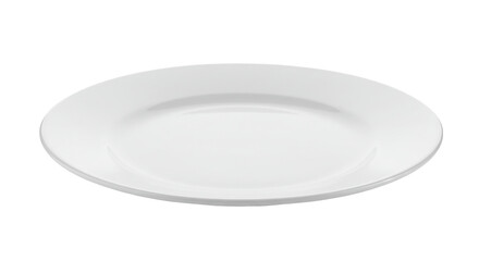 A slightly angled view of a plain white ceramic plate against a solid black background in a studio setting