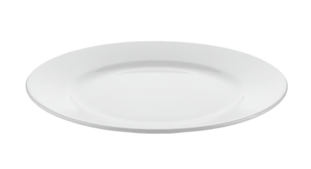 A slightly angled view of a plain white ceramic plate against a solid black background in a studio setting