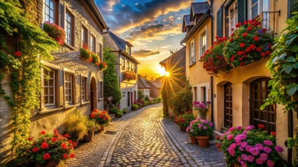 Obraz premium Cobblestone lane at sunset, charming houses adorned with vibrant flower boxes, idyllic village scene