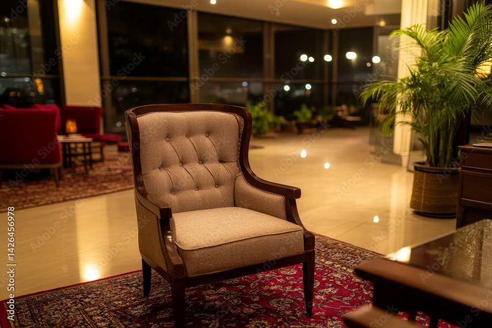 Aufkleber This stylish home decor setup features a single elegant chair surrounded by soft lighting and complementary colors, creating a warm, inviting atmosphere