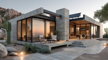 Modern concrete home situated in a desert landscape.