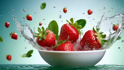 fresh strawberries splash in mid air over a white bowl surrounded by water droplets and green leaves a dynamic and vibrant image ideal for food health and nutrition projects