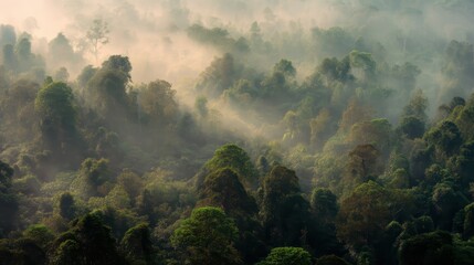 Misty forest with dense green trees under soft sunlight, creating a serene natural landscape.