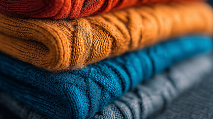 Fototapeta premium Cozy Layers of Color: A close-up shot of a stack of brightly colored sweaters, each with a unique textured weave. The rich colors and patterns create a sense of warmth and comfort. 