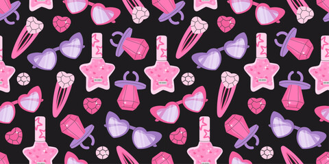 Trendy Y2K dark seamless pattern with stylish accessories like heart-shaped sunglasses, jewelry, nail polish, and sparkling elements. Nostalgic and glamorous design for fashion and beauty themes.