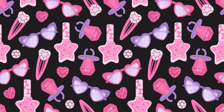 Trendy Y2K dark seamless pattern with stylish accessories like heart-shaped sunglasses, jewelry, nail polish, and sparkling elements. Nostalgic and glamorous design for fashion and beauty themes.