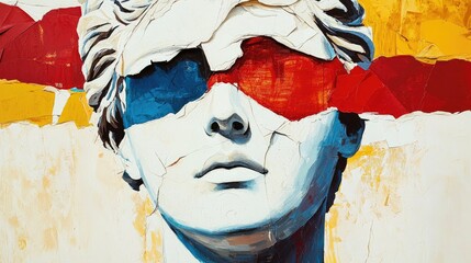 A deconstructed Greek bust, illustrated with raw torn paper textures and bold abstract elements for a contemporary artistic remix
