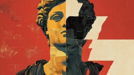 A deconstructed Greek bust, illustrated with raw torn paper textures and bold abstract elements for a contemporary artistic remix