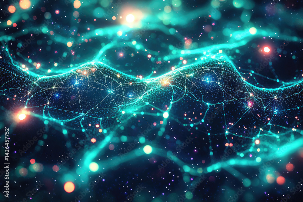 Poster a mesmerizing network of turquoise light, sprinkled with bokeh and stardust, evokes a sense of futur