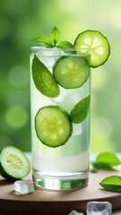 Refreshing cucumber cocktail with ice, mint leaves, and lime, served in a tall glass, perfect for detox moments, summer hydration, or a healthy lifestyle vibe.