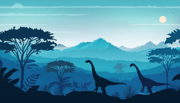 dinosaur jungle background layered landscape with prehistoric rainforest parallax effect horizontal blue panoramic backdrop with dinosaurs mountains palms trees and bushes
